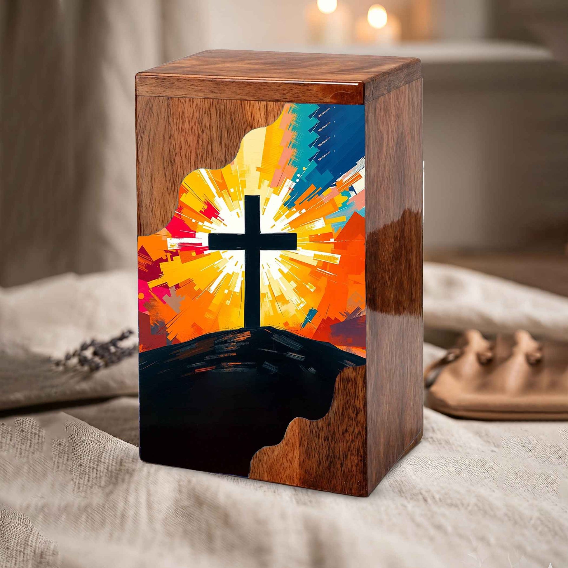 Wooden Cremation Urn – Radiant Cross Memorial Urn | Christian Wooden Urn for Ashes