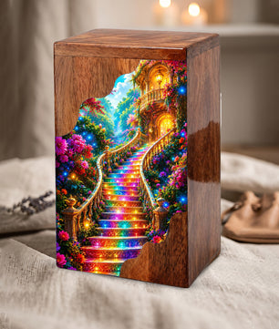 Enchanted Garden Stairway Wooden Cremation Urn – Personalized Memorial Urn for Human Ashes