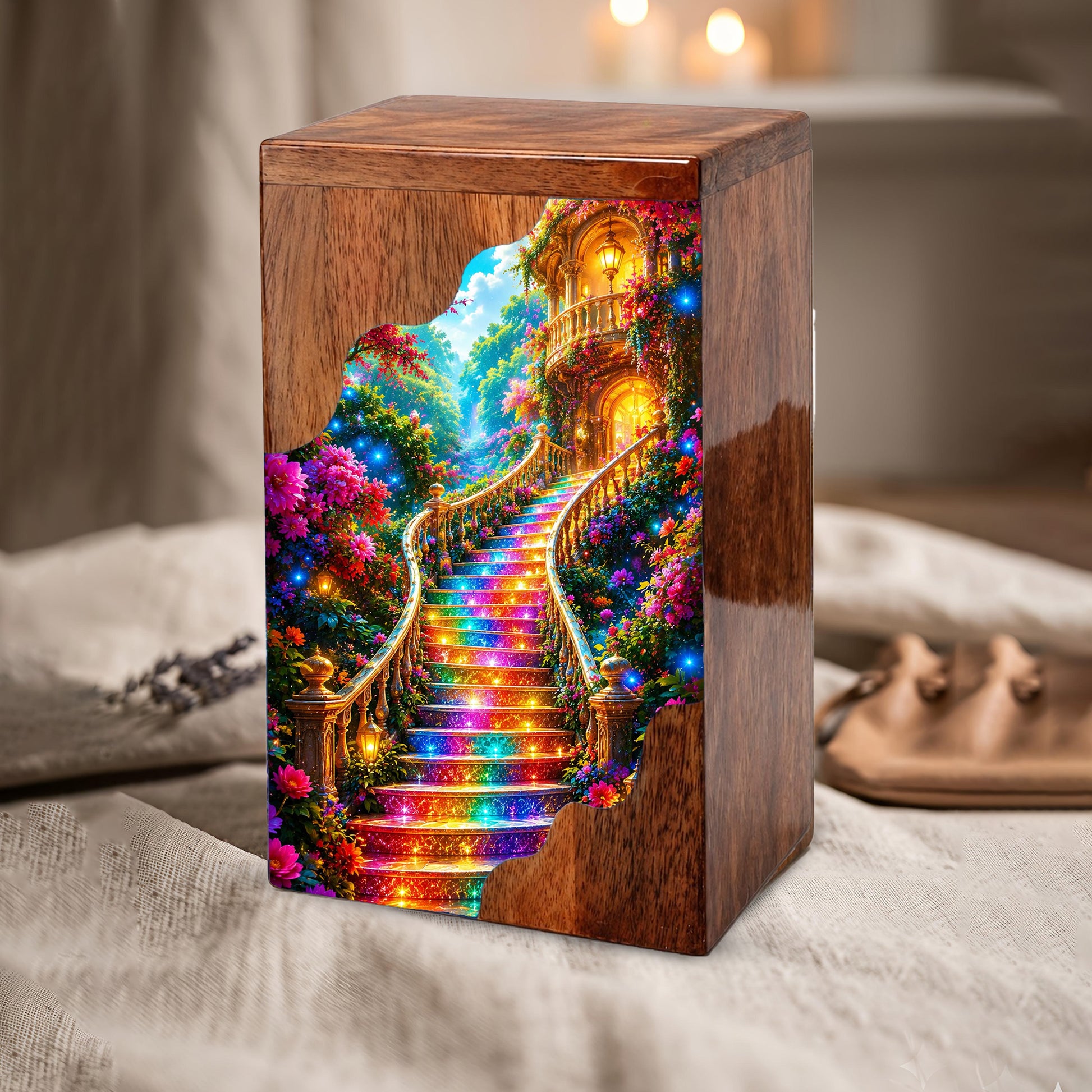 Enchanted Garden Stairway Wooden Cremation Urn – Personalized Memorial Urn for Human Ashes