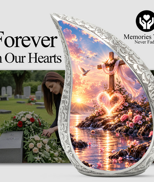 Christian Cross Cremation Urn for Adult Ashes, Sunset Memorial Urn with Dove and Glowing Heart, Religious Urn for Mom or Dad