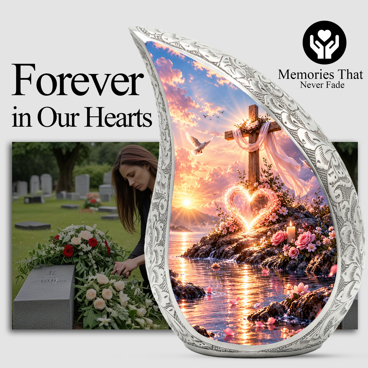 Christian Cross Cremation Urn for Adult Ashes, Sunset Memorial Urn with Dove and Glowing Heart, Religious Urn for Mom or Dad