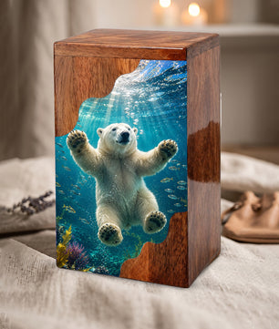 Polar Bear Wooden Cremation Urn – Ocean Memorial Urn for Human Ashes