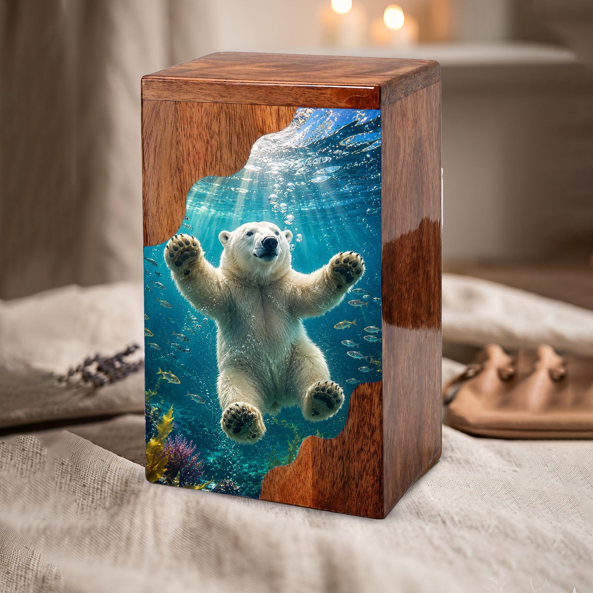Polar Bear Wooden Cremation Urn – Ocean Memorial Urn for Human Ashes