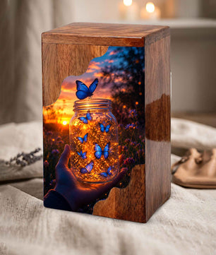 Butterfly Wooden Cremation Urn – Glowing Butterfly Memorial Urn for Human Ashes