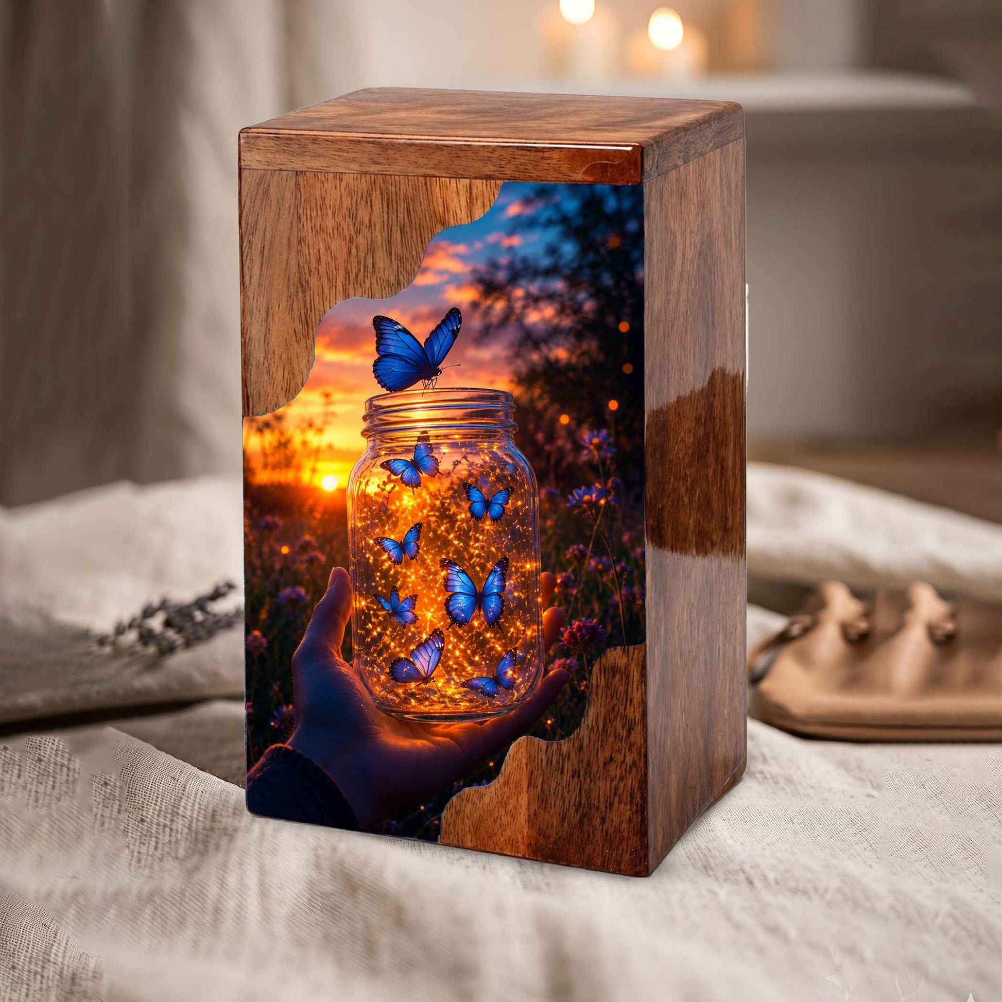 Butterfly Wooden Cremation Urn – Glowing Butterfly Memorial Urn for Human Ashes