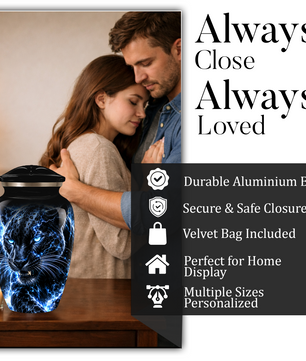 Personalized Adult Cremation Urn for Ashes, Custom Black Panther Memorial Urn, Blue Lightning Fantasy Animal Artwork