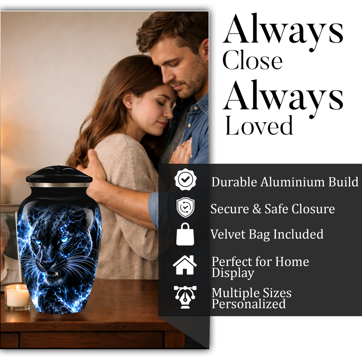 Personalized Adult Cremation Urn for Ashes, Custom Black Panther Memorial Urn, Blue Lightning Fantasy Animal Artwork