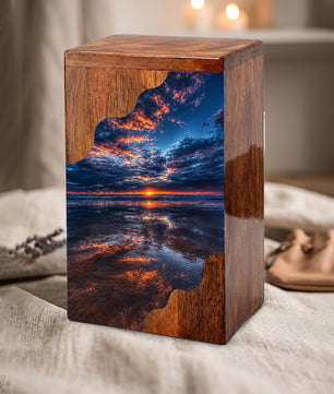 Beach Wooden Cremation Urn for Human Ashes | Ocean Sunset Memorial Urn