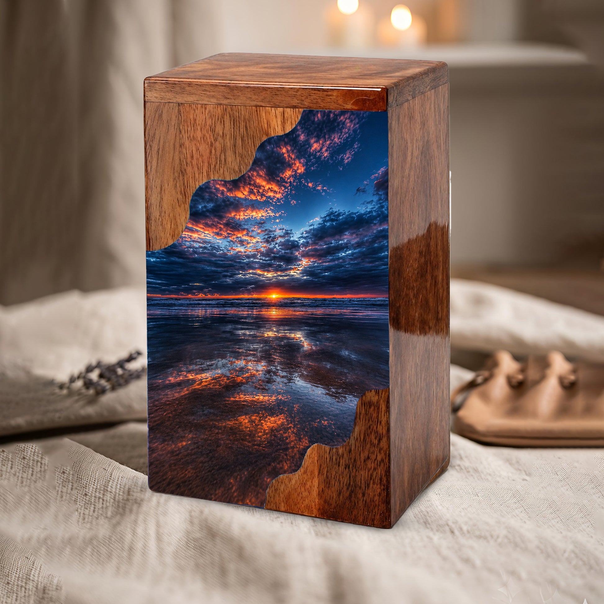 Beach Wooden Cremation Urn for Human Ashes | Ocean Sunset Memorial Urn