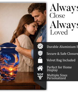 Celestial Moon Cremation Urn for Adult Ashes,  Glowing Crescent Moon, Sunset Mountains and Starry Lake Artwork