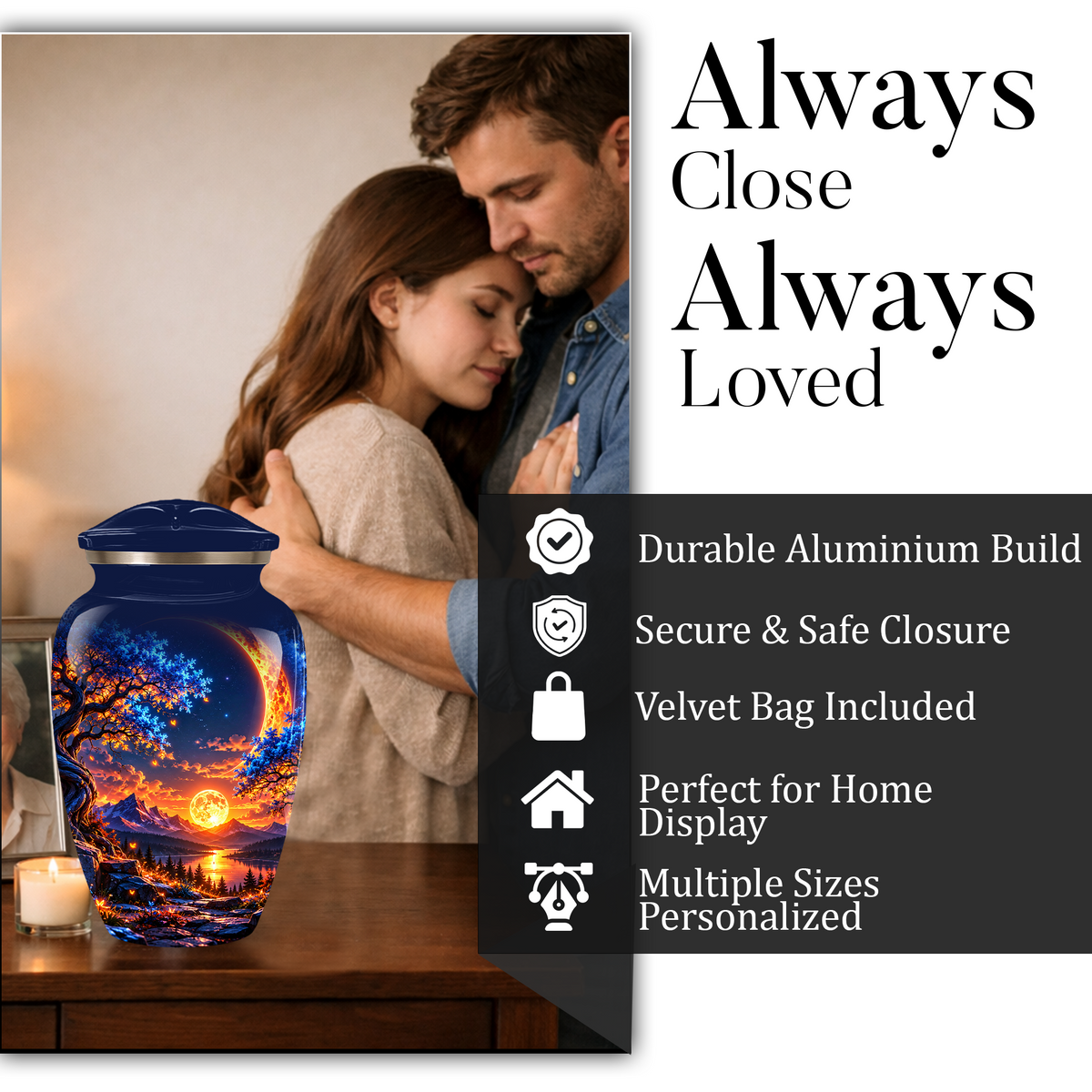 Celestial Moon Cremation Urn for Adult Ashes,  Glowing Crescent Moon, Sunset Mountains and Starry Lake Artwork