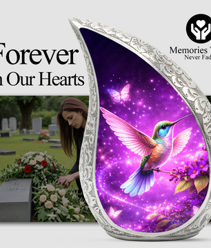 Hummingbird Personalized Cremation Urn – Teardrop Style Aluminum Memorial Urn, 10 Inch