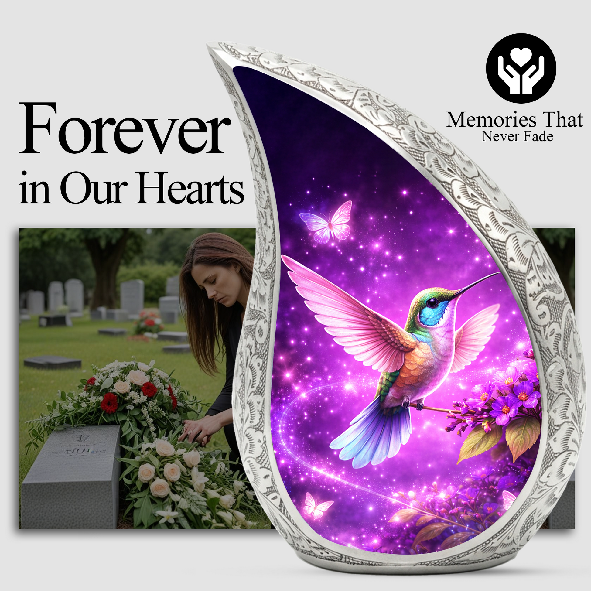 Hummingbird Personalized Cremation Urn – Teardrop Style Aluminum Memorial Urn, 10 Inch