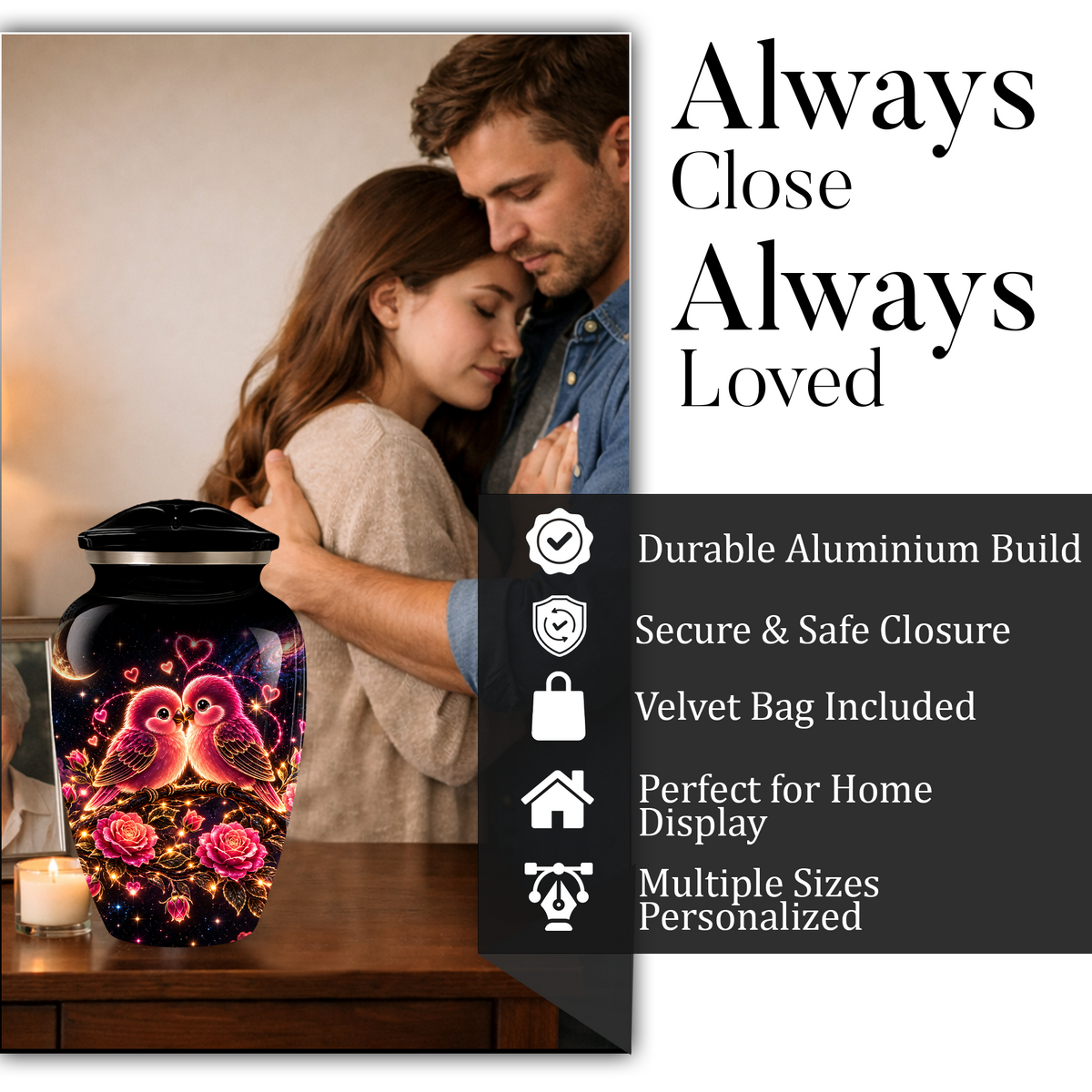Love Birds Cremation Urn for Adult Ashes, Romantic Pink Birds and Roses Memorial Urn