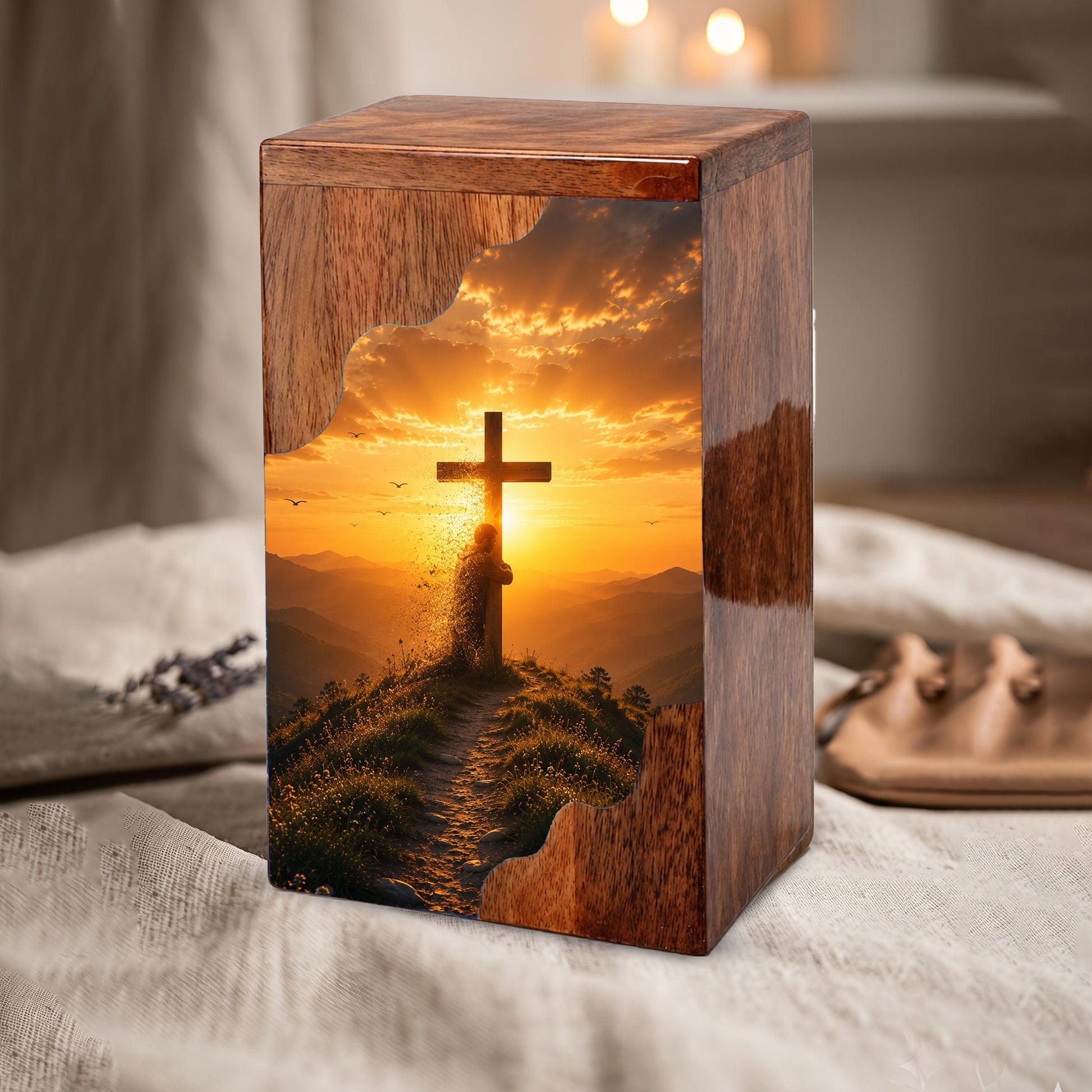 Christian Cross Wooden Cremation Urn – Personalized Memorial Urn for Human Ashes