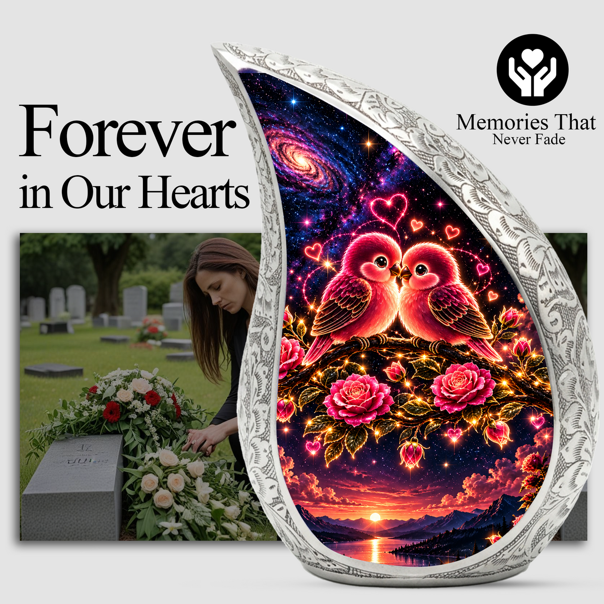 Love Birds Urn for Ashes, Romantic Bird Aluminum Cremation Urn