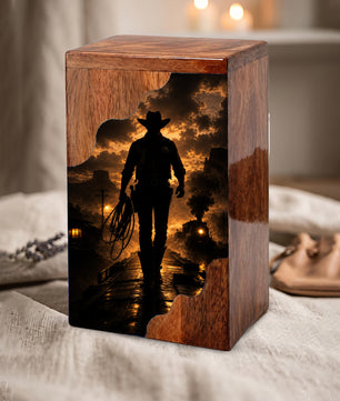 Western Cowboy Wooden Cremation Urn – Cowboy Memorial Urn for Human Ashes