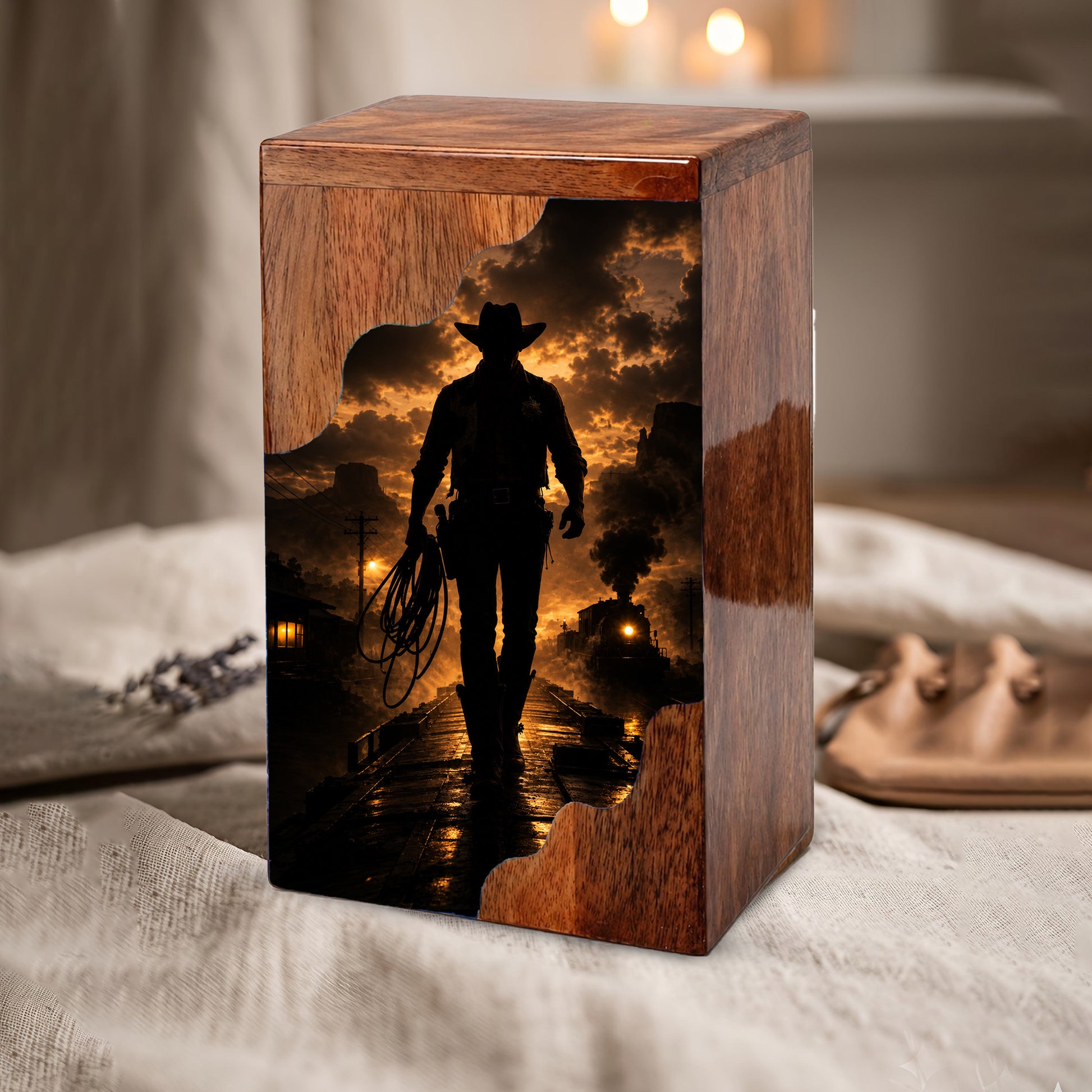Western Cowboy Wooden Cremation Urn – Cowboy Memorial Urn for Human Ashes