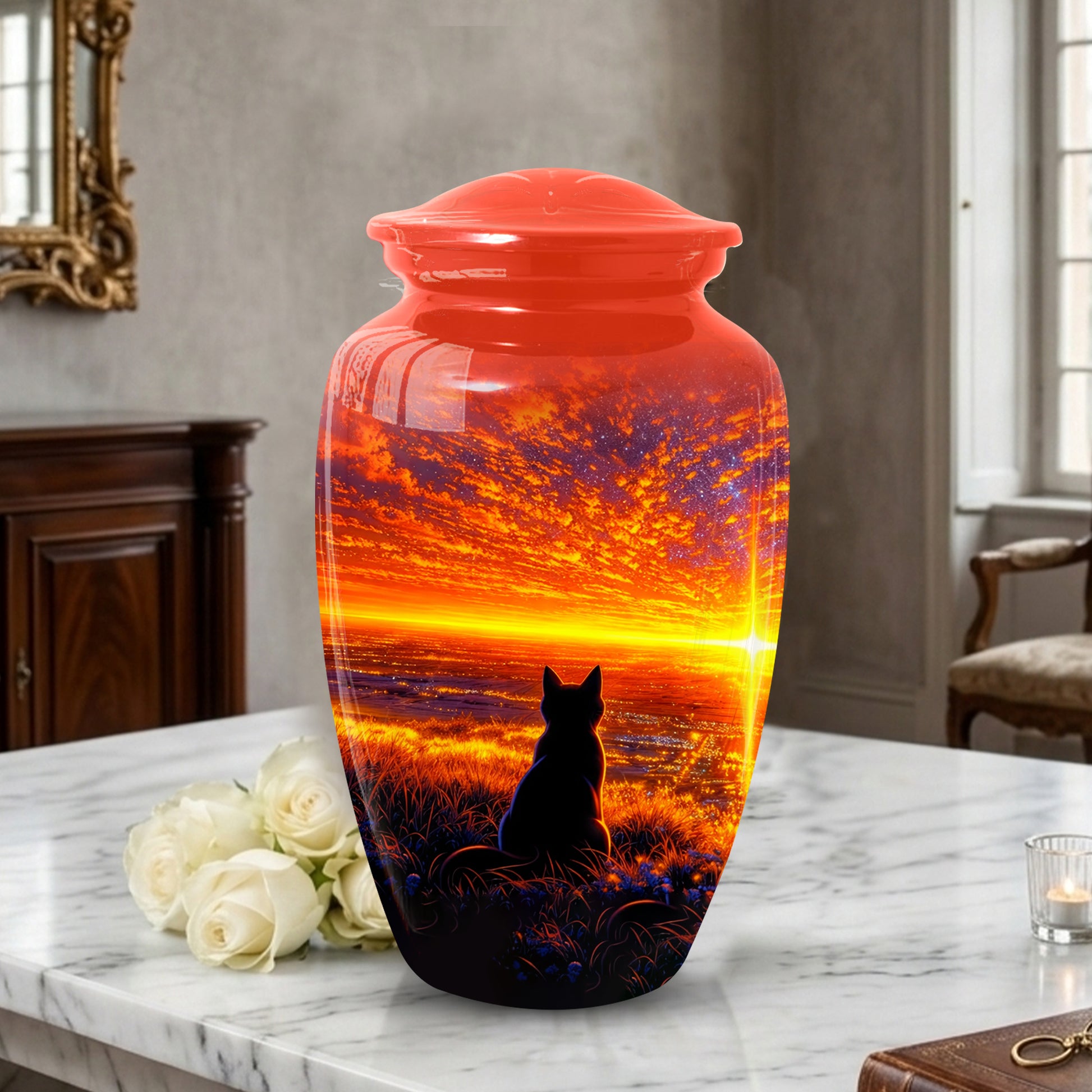 Cat Urn for Mom | Beautiful Sunset Cat Cremation  Large Urn for Mother |Funeral Keepsake