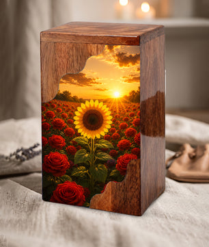 Sunflower Wooden Cremation Urn for Mom | Rose Memorial Urn for Human Ashes