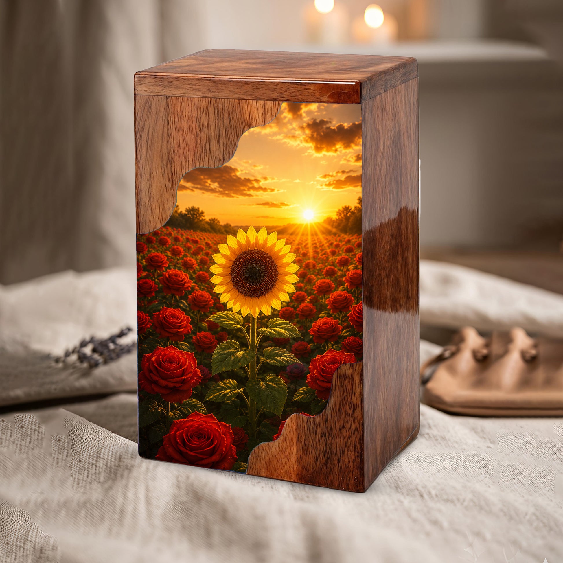 Sunflower Wooden Cremation Urn for Mom | Rose Memorial Urn for Human Ashes