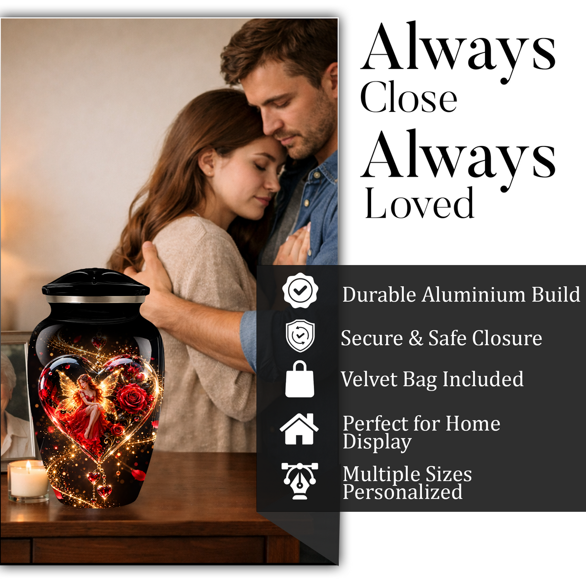 Red Rose Fairy Heart Cremation Urn for Adult Ashes, Personalized Memorial Urn with Romantic Heart Design