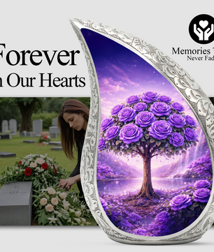 Personalized Purple Rose Cremation Urn – Custom Floral Memorial Urn for Ashes, Tree of Life Teardrop Aluminum Adult Urn, 10 Inch
