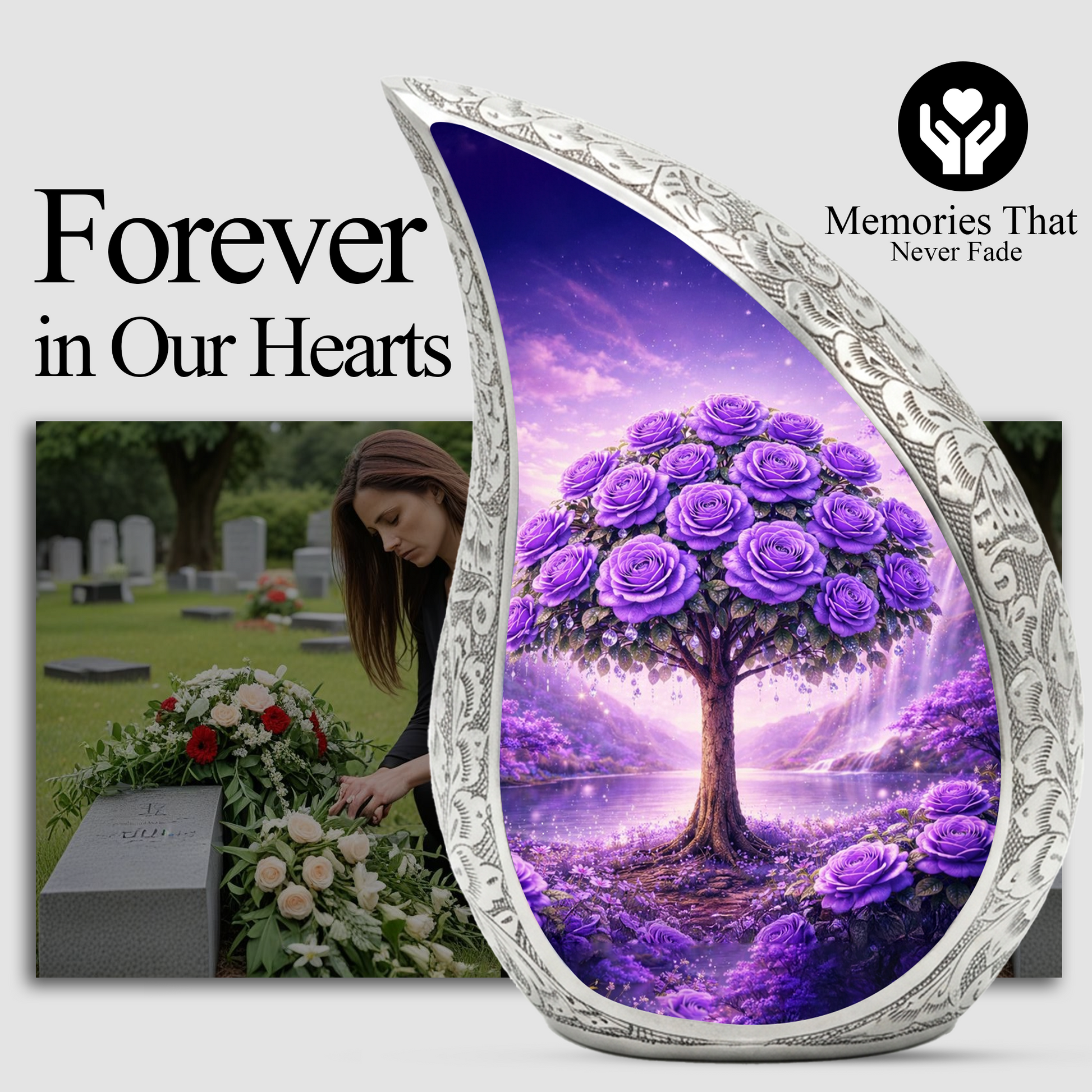 Personalized Purple Rose Cremation Urn – Custom Floral Memorial Urn for Ashes, Tree of Life Teardrop Aluminum Adult Urn, 10 Inch