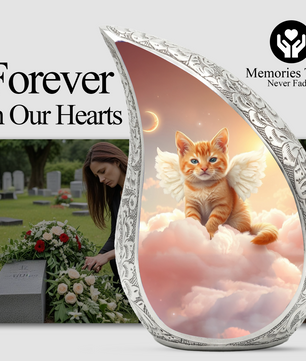 Personalized Cat Cremation Urn – Angel Cat Memorial Teardrop Urn, 10 Inch Aluminum