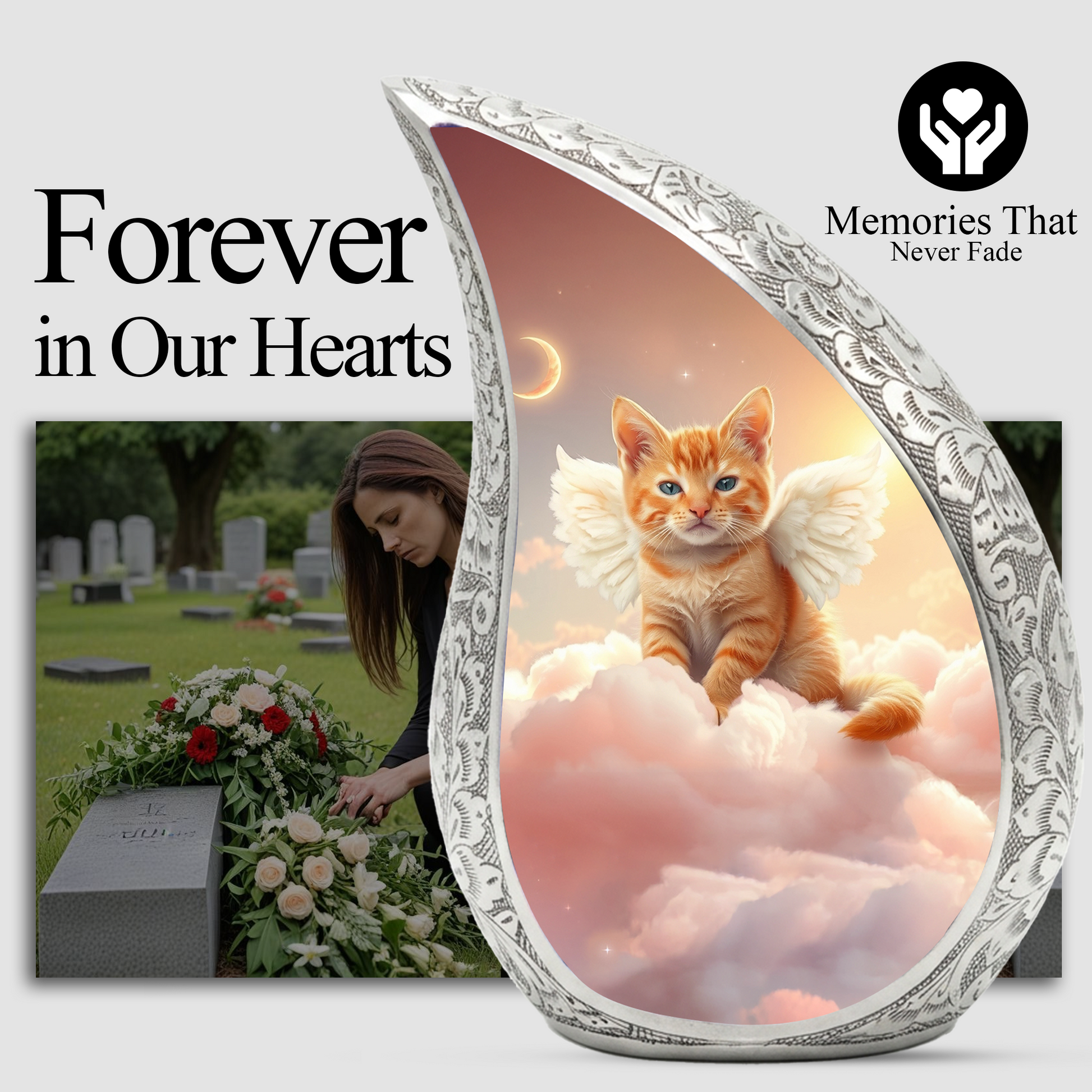 Personalized Cat Cremation Urn – Angel Cat Memorial Teardrop Urn, 10 Inch Aluminum