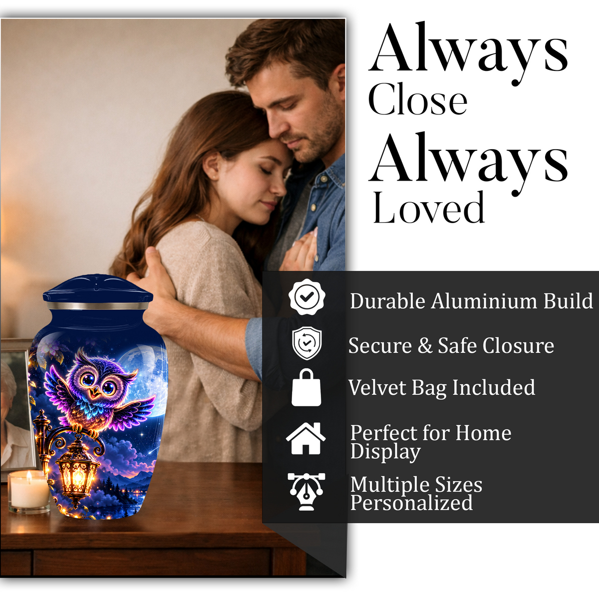 Owl Cremation Urn for Adult Ashes, Colorful Owl Under Moonlight Adult Urn for Human Ashes