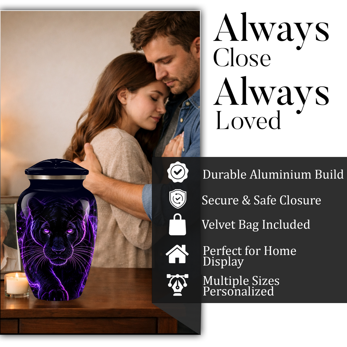 Black Panther Cremation Urn for Ashes | Personalized Panther Memorial Urn | Purple Panther Adult Urn