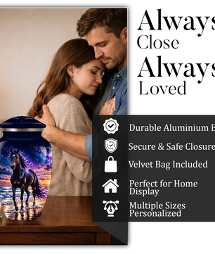 Personalized Adult Cremation Urn for Ashes, Custom Horse Memorial Urn, Black Horse with Purple Mane and Galaxy Sunset Design