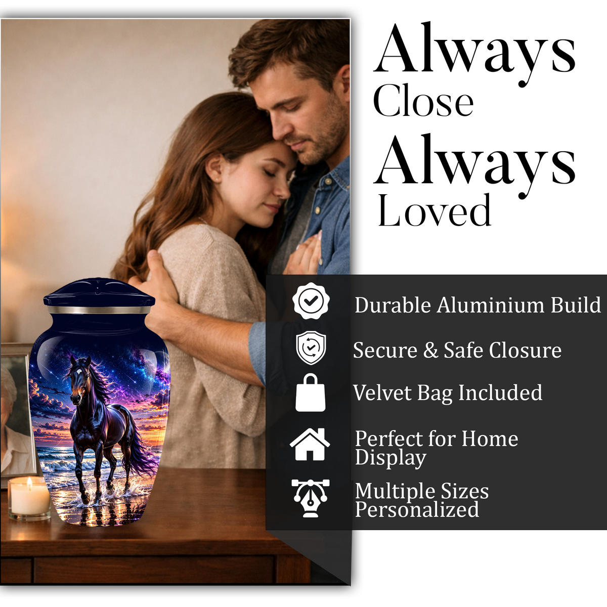 Personalized Adult Cremation Urn for Ashes, Custom Horse Memorial Urn, Black Horse with Purple Mane and Galaxy Sunset Design