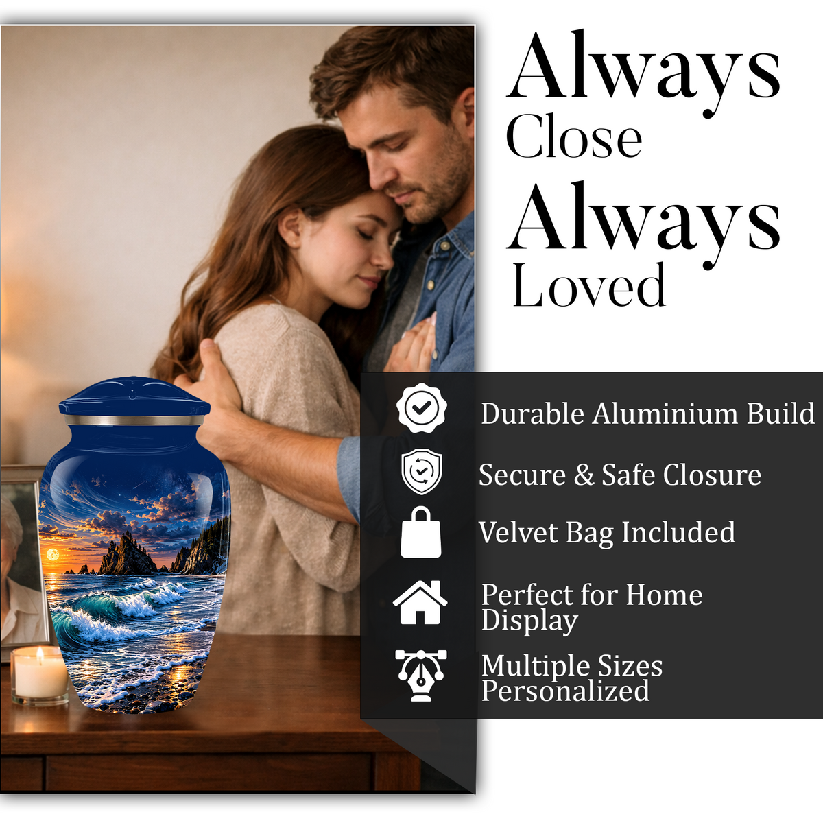 Personalized Adult Cremation Urn for Ashes, Custom Memorial Urn, Ocean Waves and Sunset Design