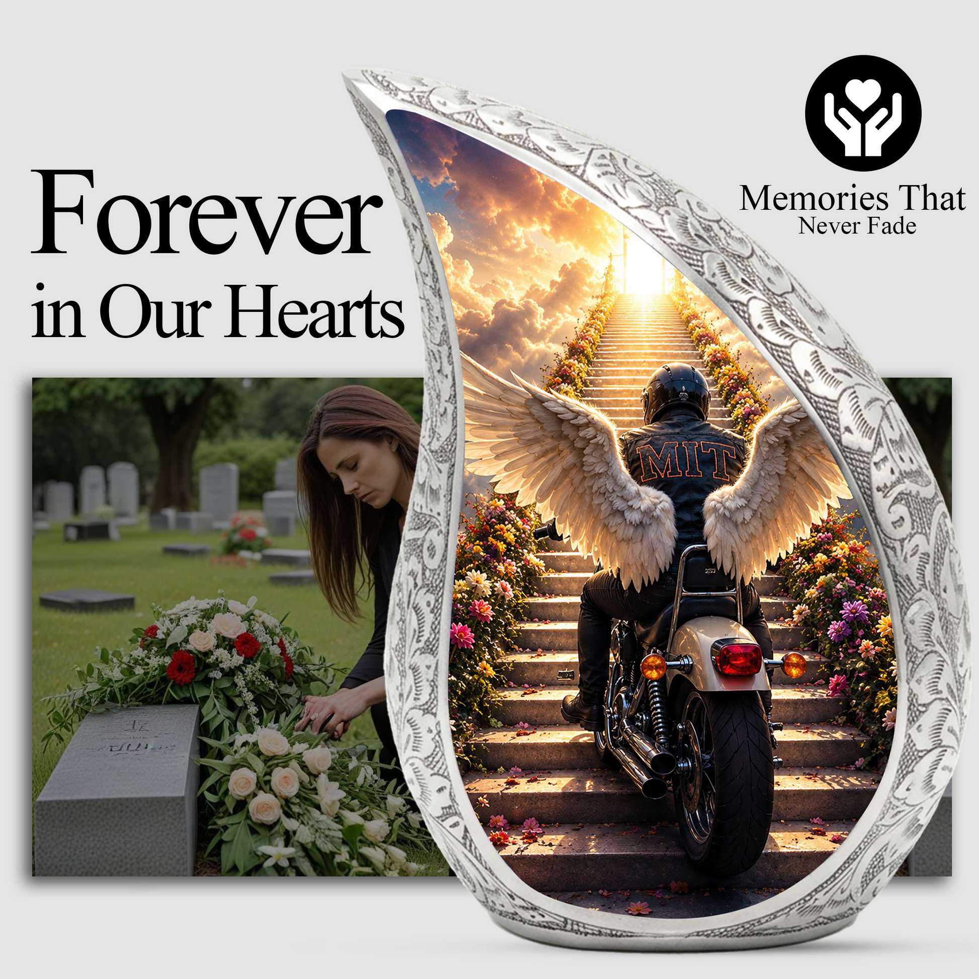 Motorcycle Angel Wings Urn for Dad Ashes | Motorcycle Cremation Urn for Men, Adult Male Memorial Urn for Father,