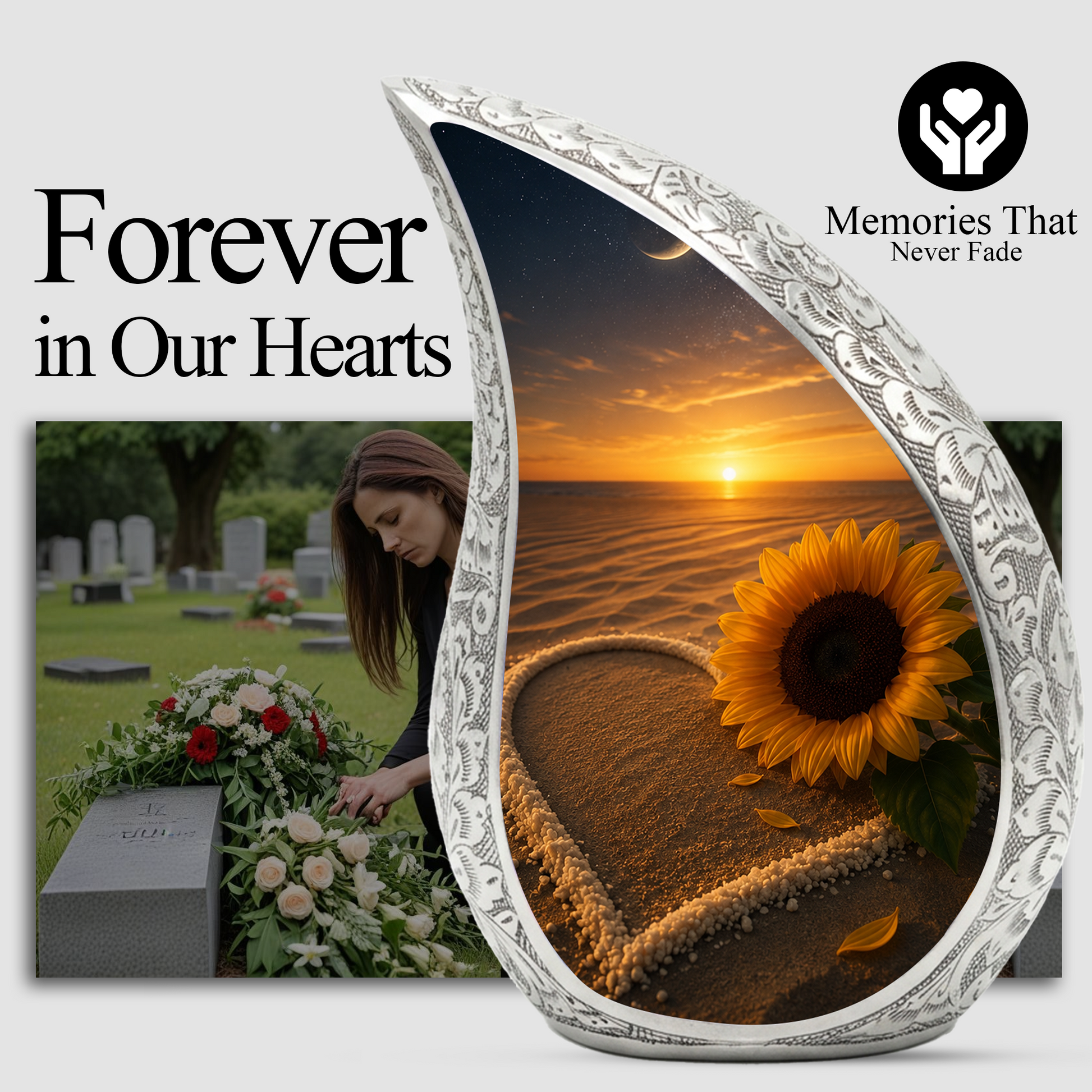 Beach Sunflower Urn for Human Ashes | Adult Cremation Urn with Sunflower & Coastal Design
