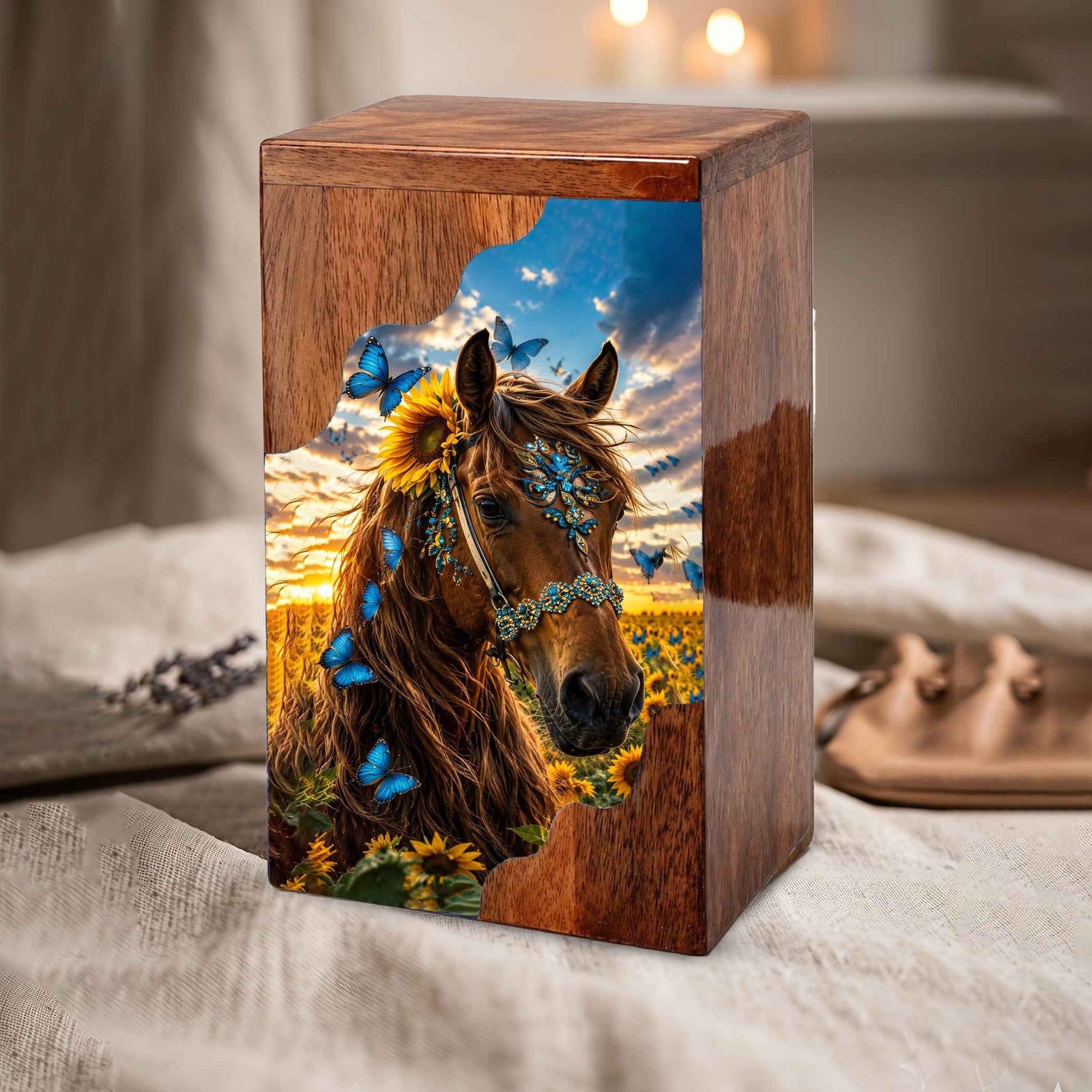 Horse Wooden Cremation Urn | Wooden Urn for Human Ashes | Sunflower Horse Memorial Urn