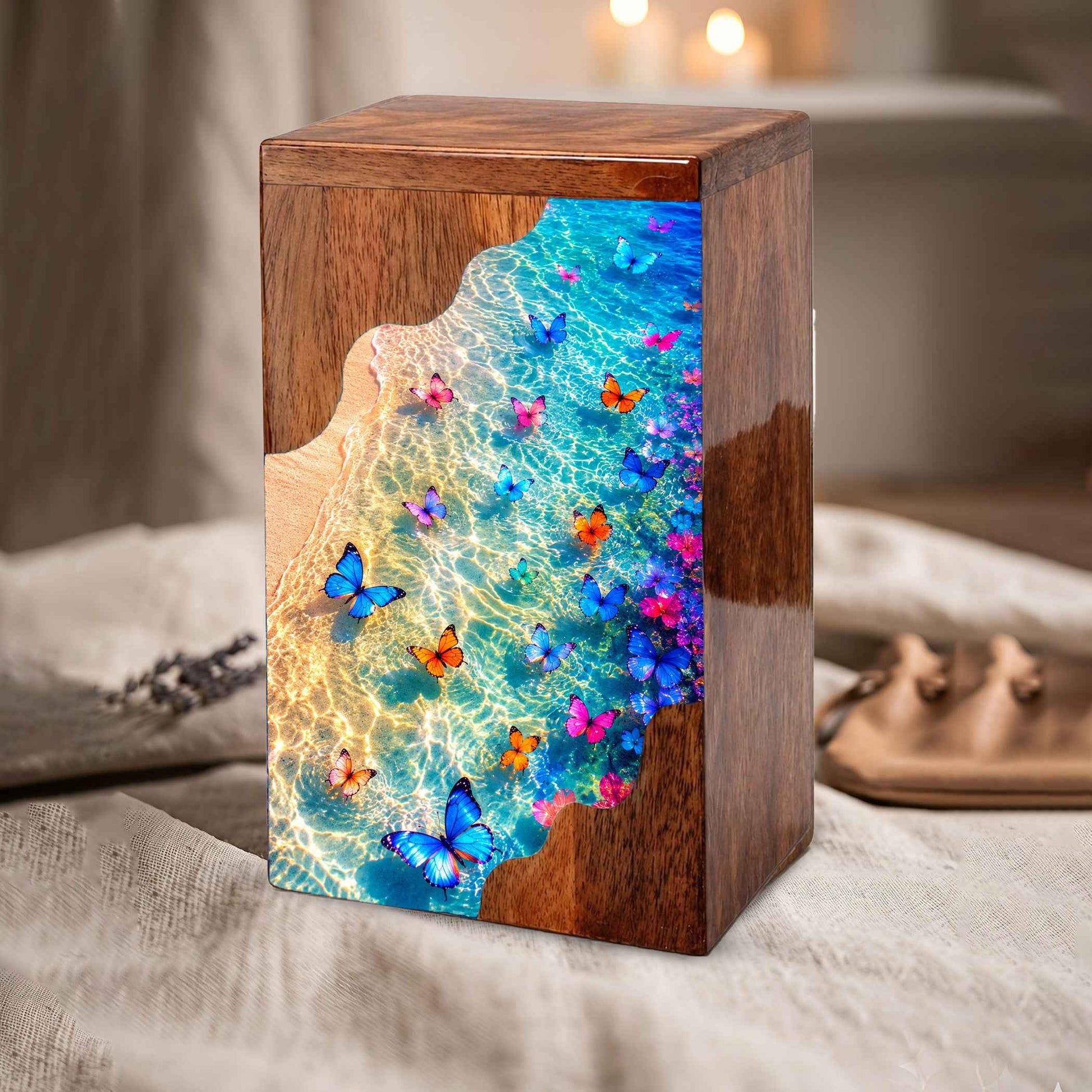 Butterfly Wooden Cremation Urn | Wooden Urn for Human Ashes | Ocean Butterfly Urn
