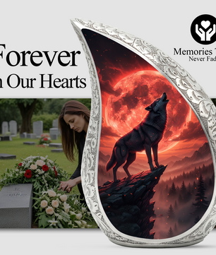 Crimson Moon Wolf Personalized Cremation Urn – Teardrop Memorial Urn for Ashes | 10 Inch