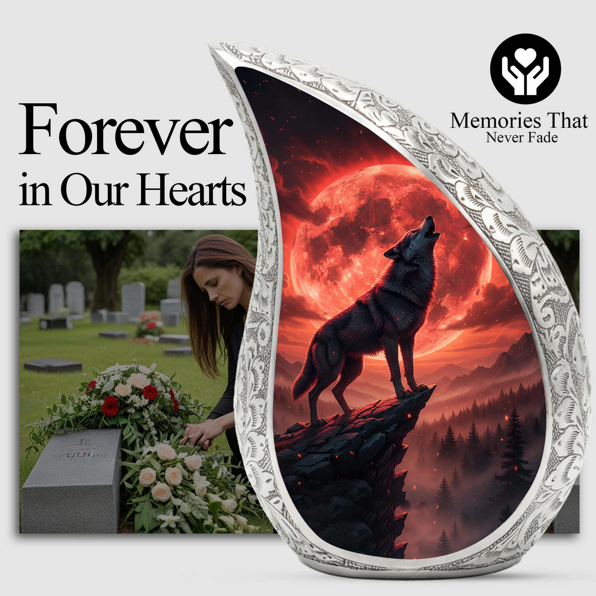 Crimson Moon Wolf Personalized Cremation Urn – Teardrop Memorial Urn for Ashes | 10 Inch