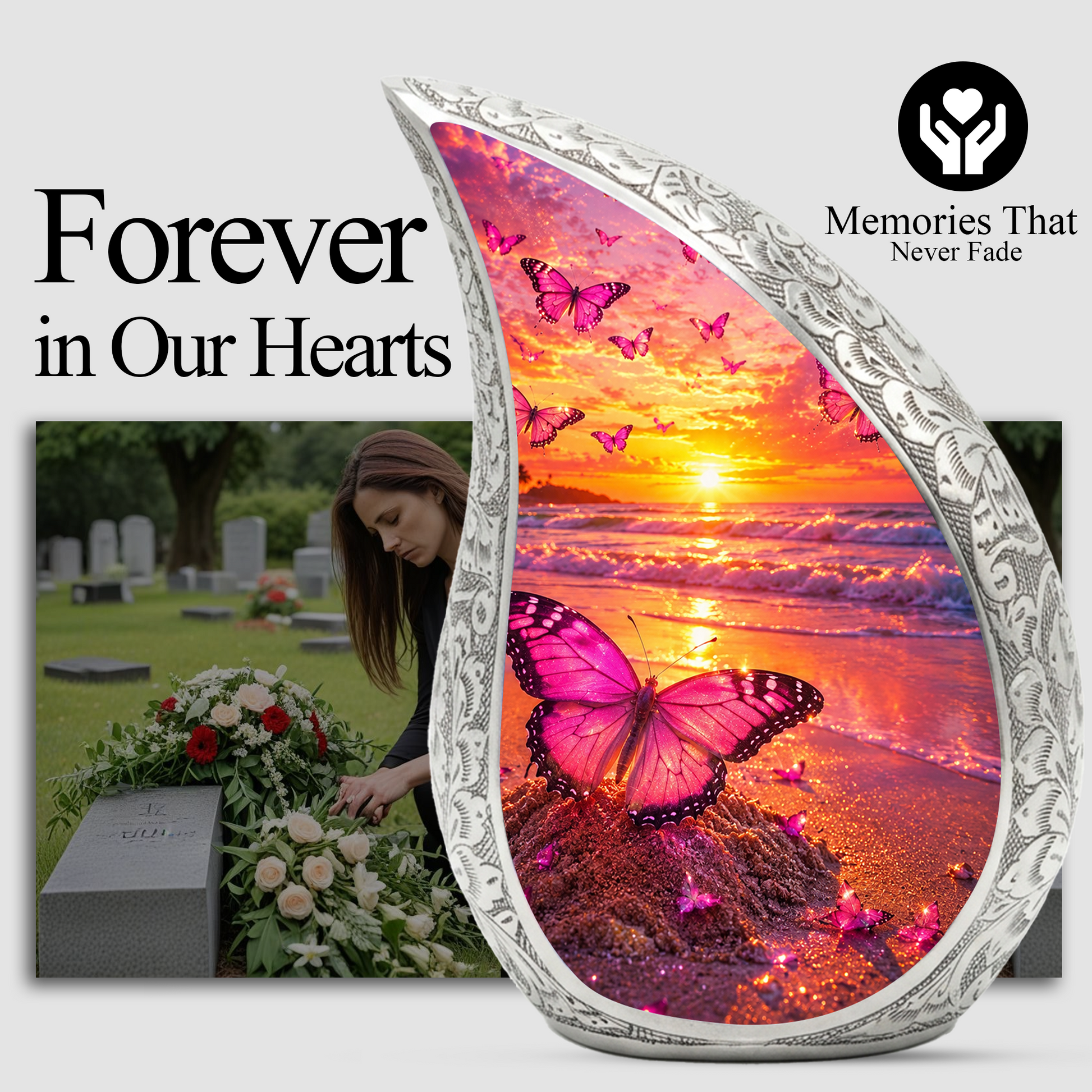 Butterfly Beach Urn for Human Ashes | Adult Cremation Urn with Ocean Sunset