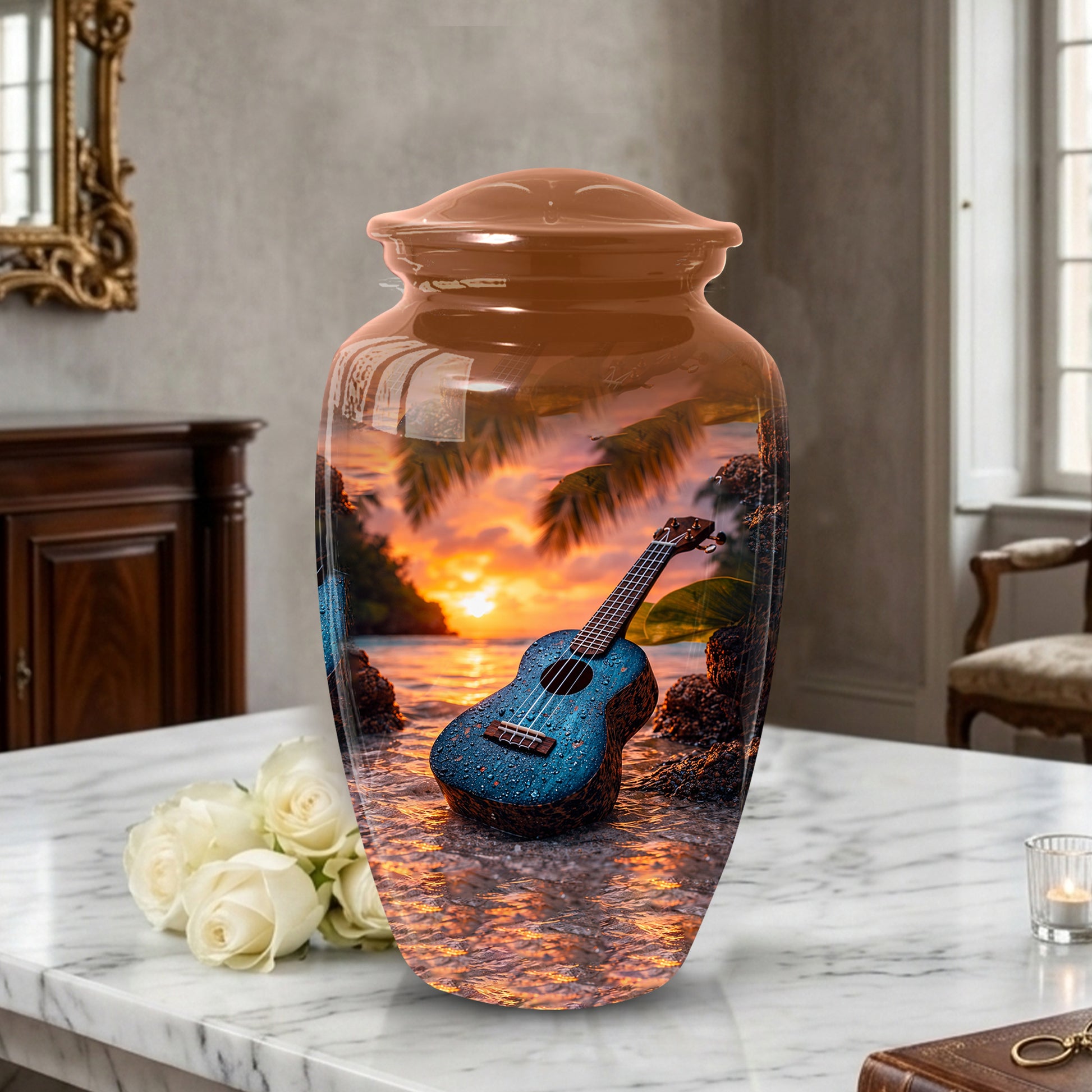 Sunset Guitar Memorial Urn for Dad & Mom, Personalized Cremation Urn