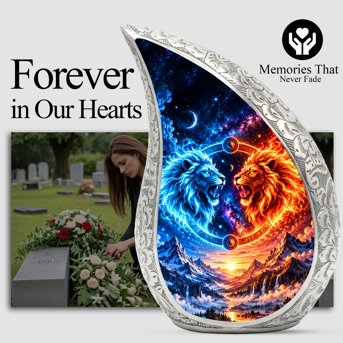 Twin Lions Cremation Urn for Ashes, Personalized Adult Memorial Urn, Wildlife Design