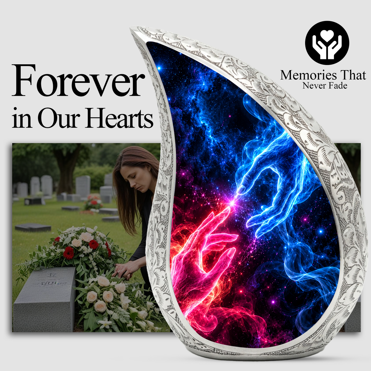 Cosmic Connection Cremation Urn for Ashes, Celestial Hands Adult Memorial Urn