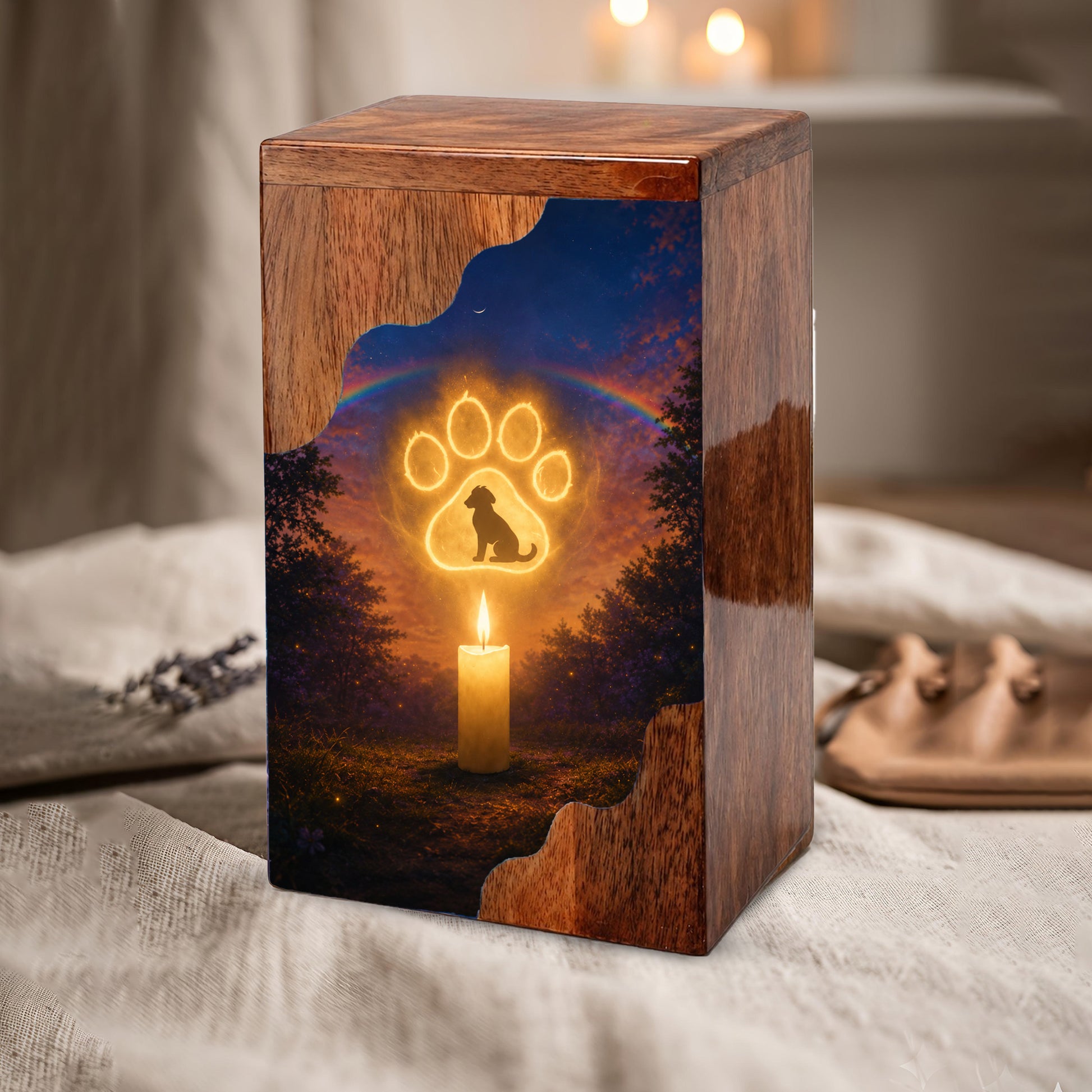 Personalized Dog Urn for Ashes, Rainbow Bridge Wooden Cremation Urn