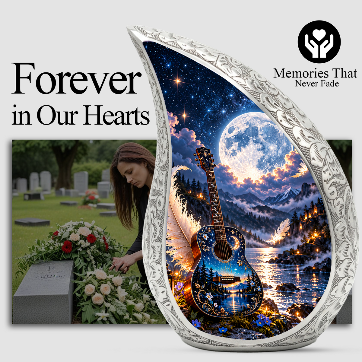 Guitar Cremation Urn for Ashes, Personalized Music Memorial Adult Urn, Celestial Moon Guitar Urn, Handmade Aluminum Cremation Urn