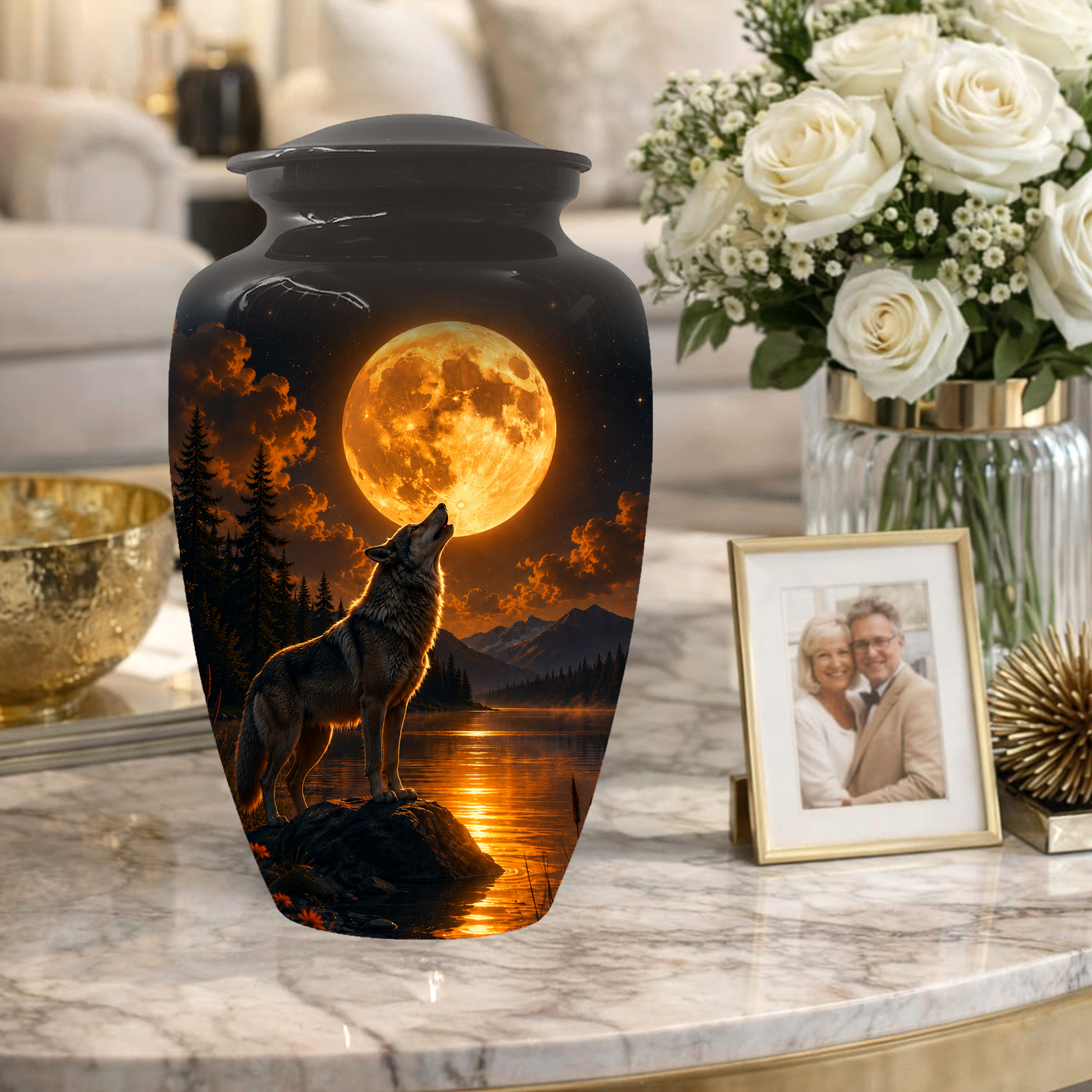 Wolf Cremation Urn for Dad - Mountain Lake Memorial Large Keepsake Urns
