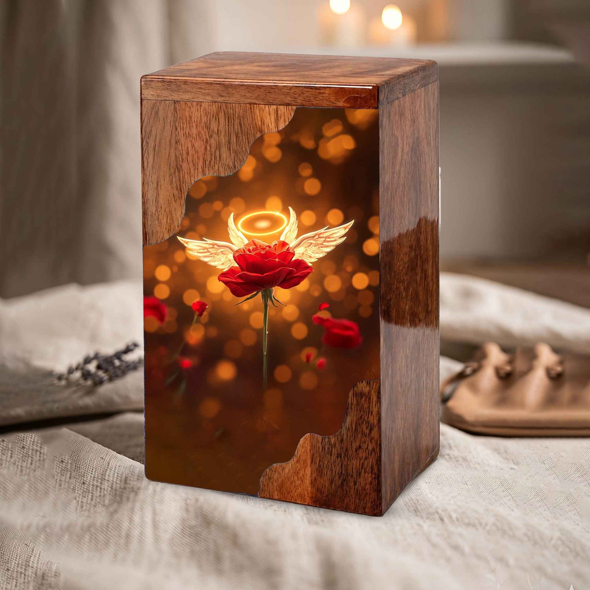 Wooden Cremation Urn – Angel Rose Memorial Urn | Custom Wooden Memorial Urn for Mom