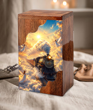 Heaven Bound Train Wooden Cremation Urn – Angel Memorial Urn | Wooden Urn for Human Ashes